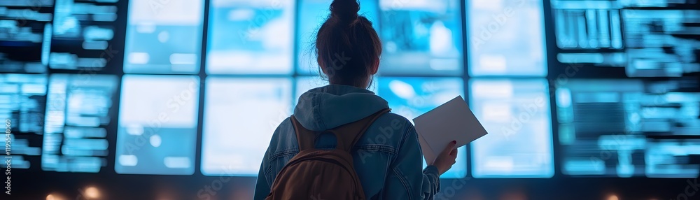 Poster a young person observes multiple digital screens displaying data and analytics, showcasing the integ