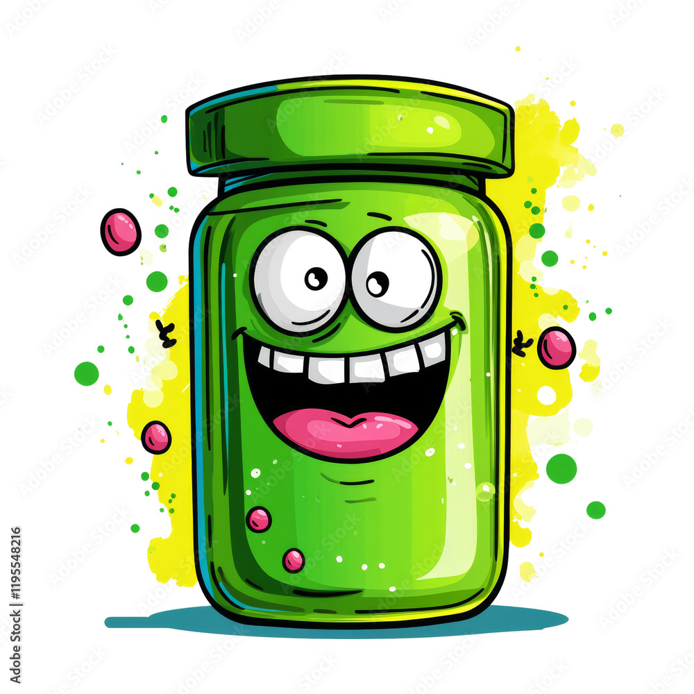 Poster a cheerful green jar cartoon character with a wide smile and large eyes is depicted against a colorf