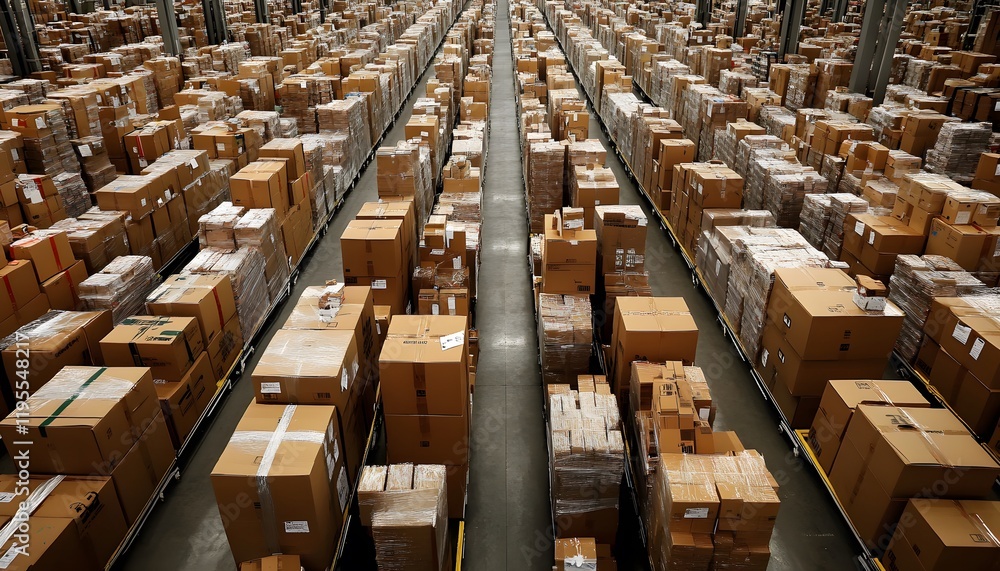 Poster aerial view of a vast warehouse filled with neatly stacked cardboard boxes, showcasing the efficienc