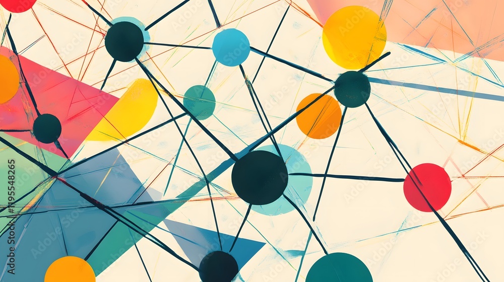 Poster an abstract composition of colorful geometric shapes and lines, illustrating the concept of connecti