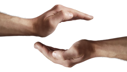 Male hands gestures isolated on transparent background. one holding and other covering something