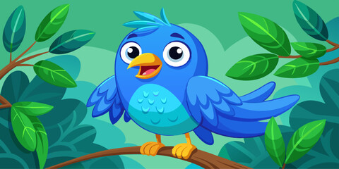 Cartoon Blue Bird with Cheerful Expression Perched on Branch in Vibrant Colors