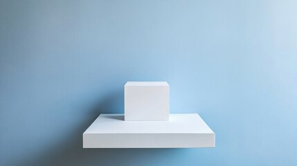Minimalist White Cube on Shelf Blue Wall Background Product Display