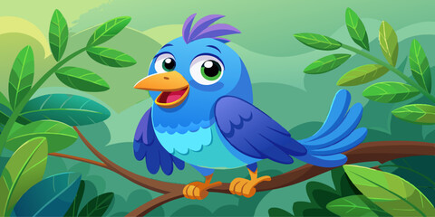 Obraz premium Cartoon Blue Bird with Cheerful Expression Perched on Branch in Vibrant Colors