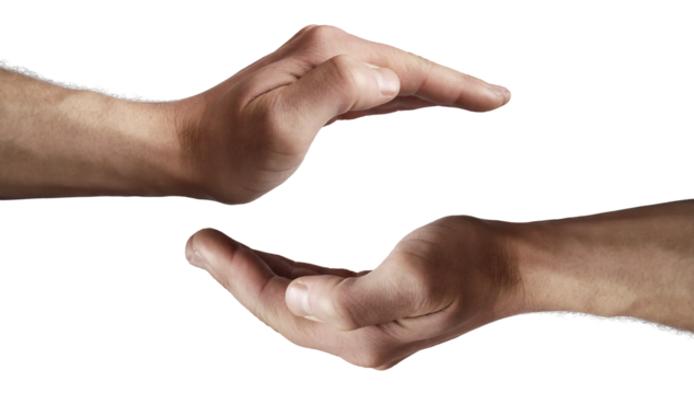 Male hands gestures isolated on transparent background. one holding and other covering something