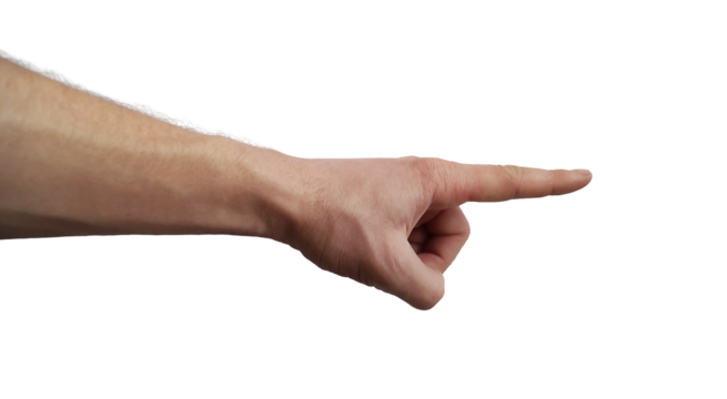 Male hand pointing forefinger to the right. The index finger shows to something. Gesture indicating direction or draw attention to a specific thing