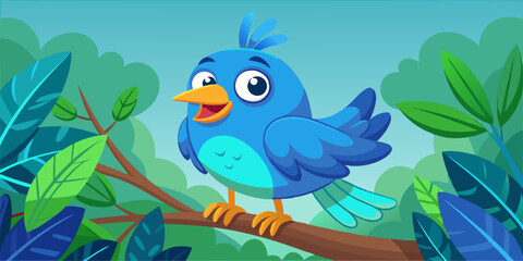 Cartoon Blue Bird with Cheerful Expression Perched on Branch in Vibrant Colors