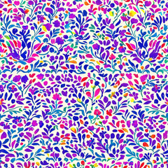Vibrant floral pattern featuring colorful flowers and leaves on a white background.