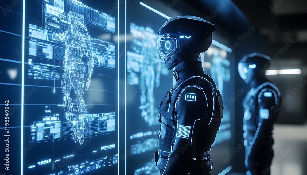 Poster futuristic robots analyzing data on high-tech screens in a sleek, modern environment. the scene show