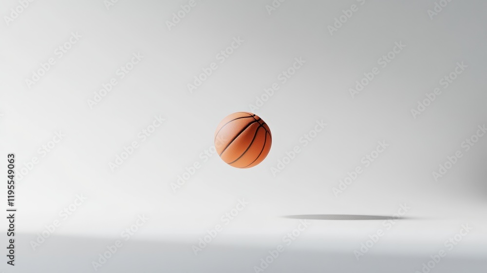 Poster Classic leather basketball floating on empty white background, creating a simple yet striking composition with a focus on the sport and potential for dynamic movement