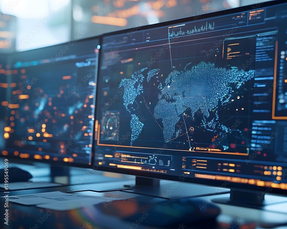 Poster high-tech workstation featuring multiple monitors displaying global data, analytics, and networks. i