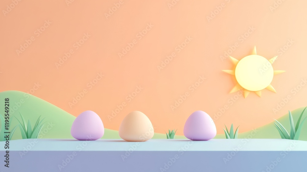 Poster three colorful eggs sit on a table with a sunny background and soft hills, creating a cheerful and w