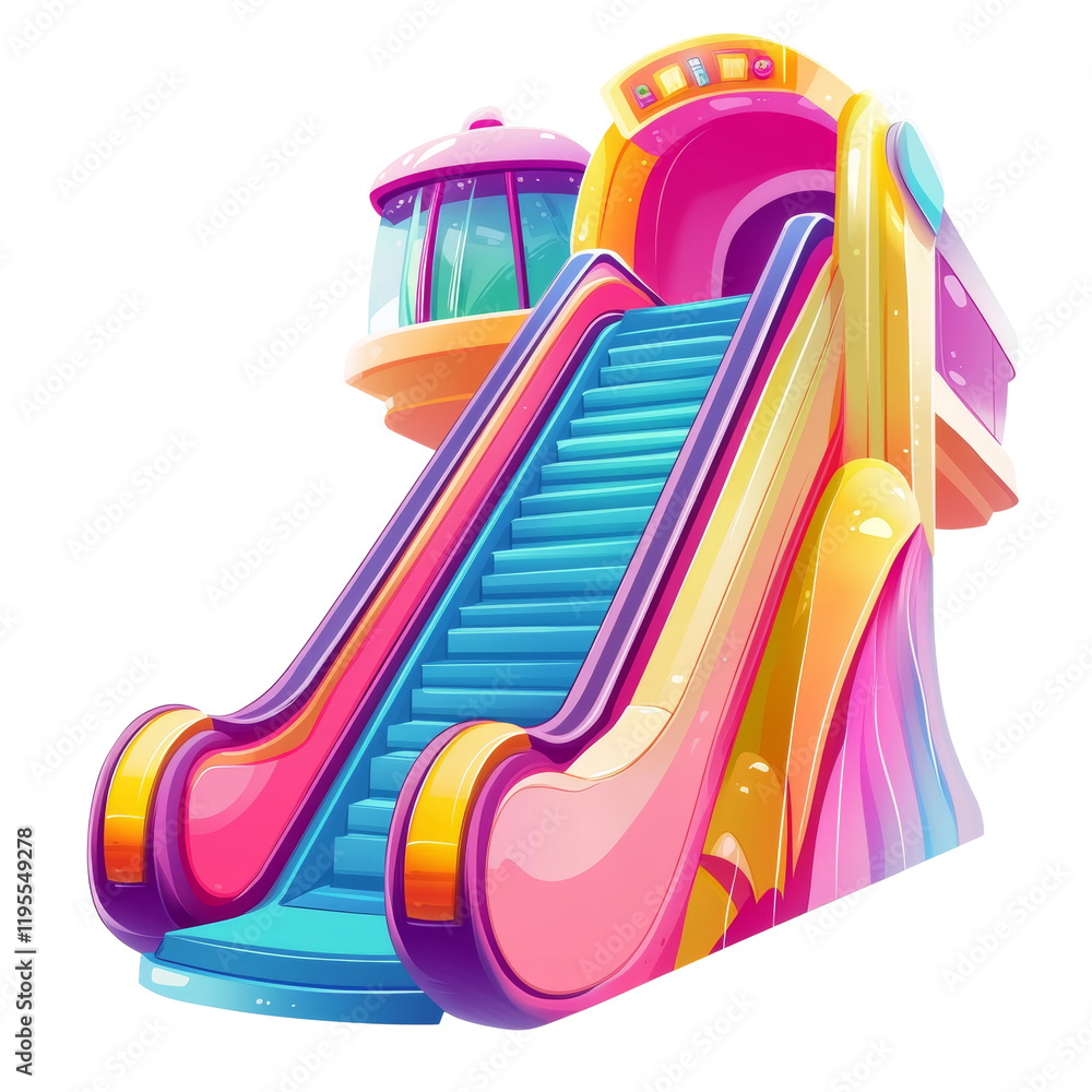Poster a vibrant digital illustration depicts a futuristic escalator slide with a playful and colorful desi