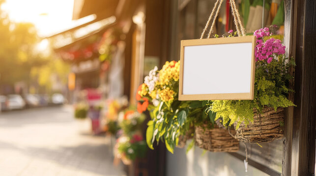 Blank banner suspended near blooming florals, offering pristine marketing surface for local business signage