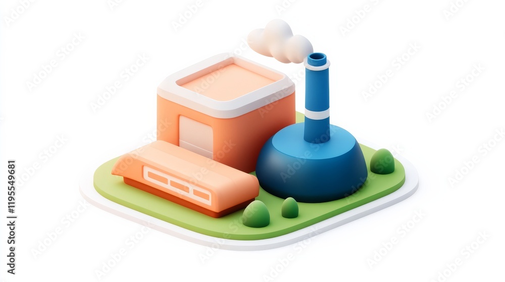 Poster a colorful, cartoonish representation of a factory with a smokestack, set on a green base with small