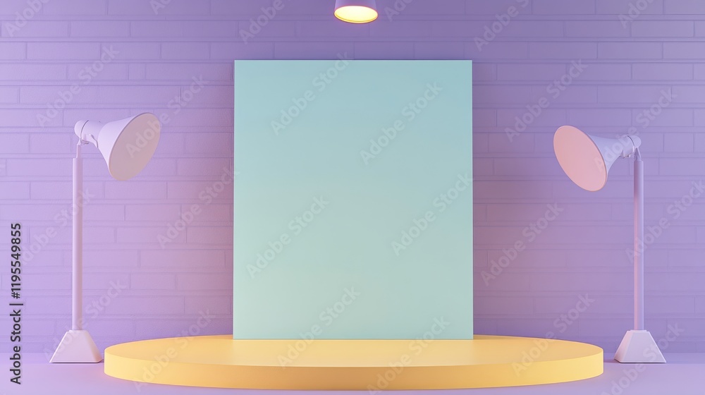 Poster a minimalistic setup featuring a large blank canvas, illuminated by two lamps, set against a pastel 