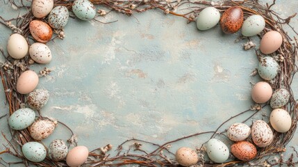 Obraz premium Pastel Easter Frame: Top View of Robin's and Chocolate Eggs Nesting with Space for Festive Messages