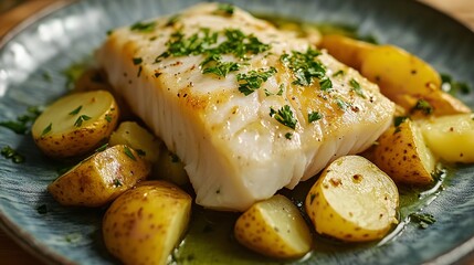 Steamed cod with parsley and potatoes