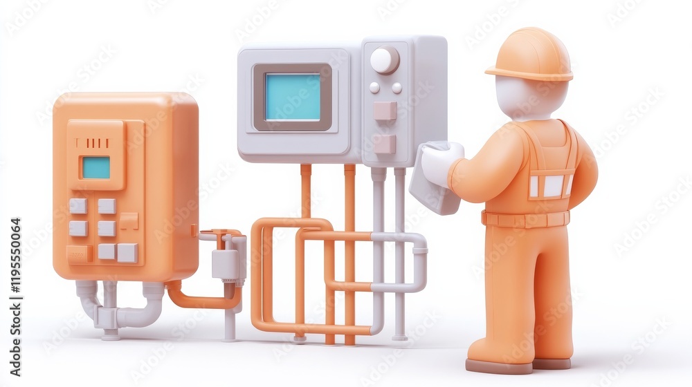 Poster a worker in an orange uniform interacts with control equipment, showcasing a modern industrial envir