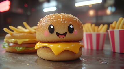 Cute cartoon burger character with smiling face, sesame bun, and gooey cheese surrounded by crispy fries in a vibrant diner setting