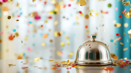 Shiny metal service bell on reflective surface surrounded by falling colorful confetti, celebrating success, achievement, party, or requesting attention