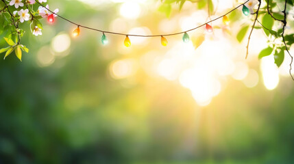 Obraz premium Colorful string lights hanging from a flowering tree branch, illuminated by warm sunlight, create a festive spring atmosphere