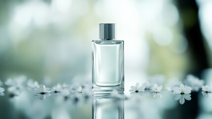 Elegant glass perfume bottle with a silver cap resting on a reflective surface, surrounded by delicate white flowers and a blurred natural background