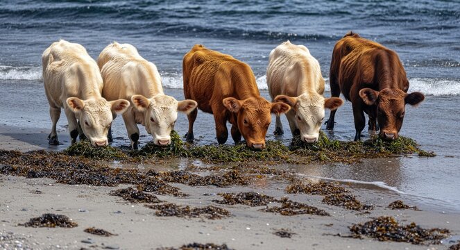 Young Cows Enjoying Seaweed on the Shore of Brora Beach