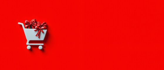 A charming white shopping cart filled with red gift boxes and bows on a vibrant red background.