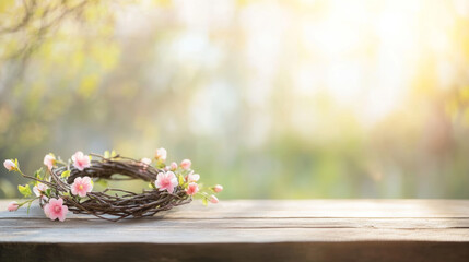 Pastel-colored spring wreath with twigs and delicate blossoms resting on weathered wooden surface, soft sunlight illuminating natural decor
