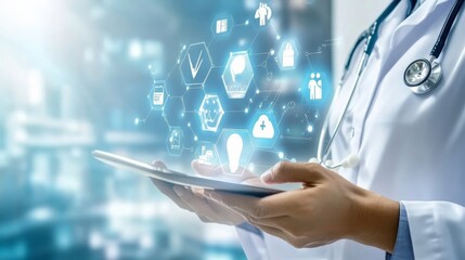 A healthcare professional using telemedicine technology to diagnose and treat patients remotely, with digital medical records and diagnostic tools visible on a tablet screen