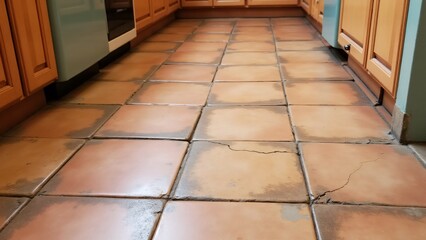 Clay tiles with cracks, chips, discoloration, and worn areas from frequent use and age.