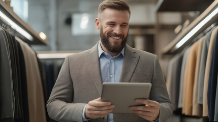 Fototapeta premium Cheerful businessman using digital tablet while browsing online clothing store in modern boutique