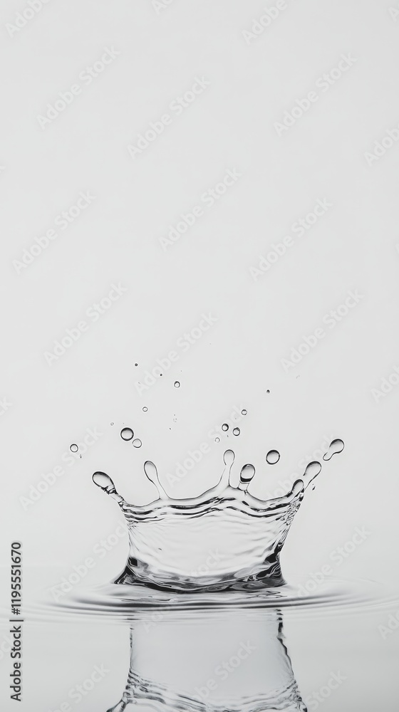 Poster Crown shaped water splash forming a beautiful and dynamic pattern with ripples expanding on the surface, creating droplets and a sense of freshness against a clean background