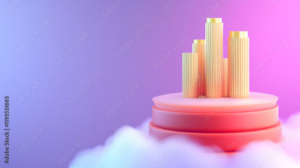 Aufkleber a colorful, abstract scene featuring tall, vertical structures rising from a circular base, surround