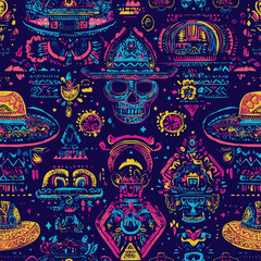 Mexican seamless pattern design featuring colorful skulls and hats cultural inspiration vibrant colors digital art creative background