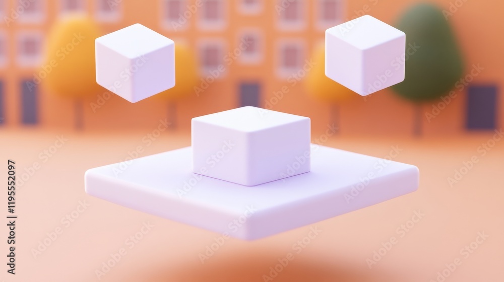 Poster a minimalist 3d scene featuring floating cubes on a platform against a soft, colorful backdrop.