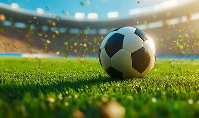 Fototapeta premium The soccer ball captured in motion on the grass field, with a trail of motion blur