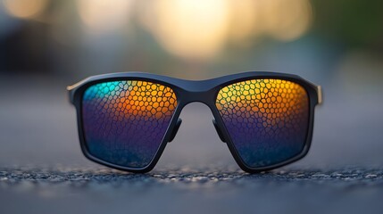 Sunglasses reflecting a vibrant sunset. The warm colors create a striking contrast against the dark frames.