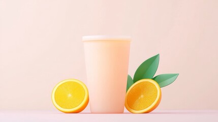 Fototapeta premium A refreshing orange drink is showcased beside sliced oranges and green leaves, set against a soft, pastel background.