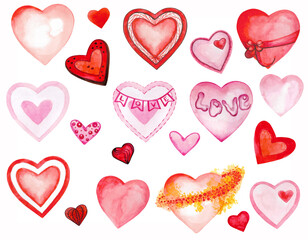 Red and pink hearts on white background. Watercolor for packaging, cards, invitations, holidays Spring, birthday, Valentine's Day, wedding or Mother's Day.