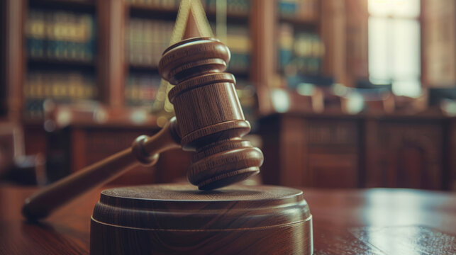 Wooden judge's gavel on background of empty courtroom.