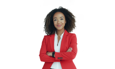 Portrait of a woman in a red jacket with arms crossed against a plain white background