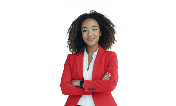 Portrait of a woman in a red jacket with arms crossed against a plain white background