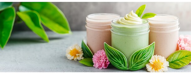 vegan smoothies in pastel color, Colorful Vegan Smoothies in Pastel Jars with Leaves