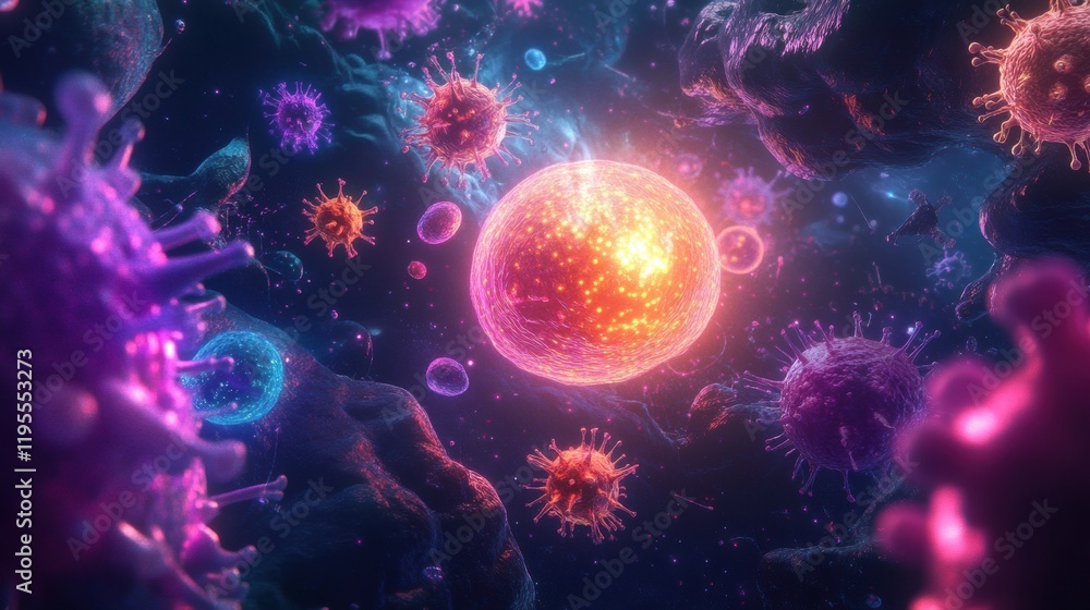 Fototapete glowing cell illuminated amidst a chaotic atmosphere of menacing viruses in a microscopic world. gen