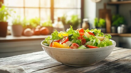 colorful bowl of salad with fresh vegetables, placed on a rustic wooden table