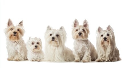 Diverse Group of Pets: Yorkshire Terriers and Spitz in Varied Sizes on a White Background