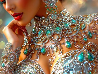 Vibrant close-up of carnival dancers ornate costume featuring intricate sequin patterns