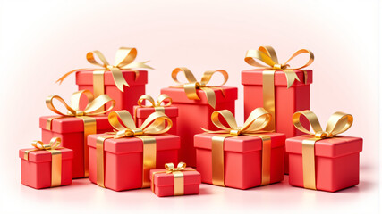 Fototapeta premium A vibrant display of red gift boxes adorned with golden ribbons, ideal for celebrations.